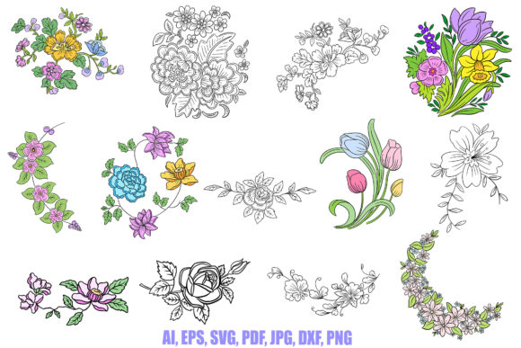 Line Art Floral Flowers Bouquet Wreath Graphics